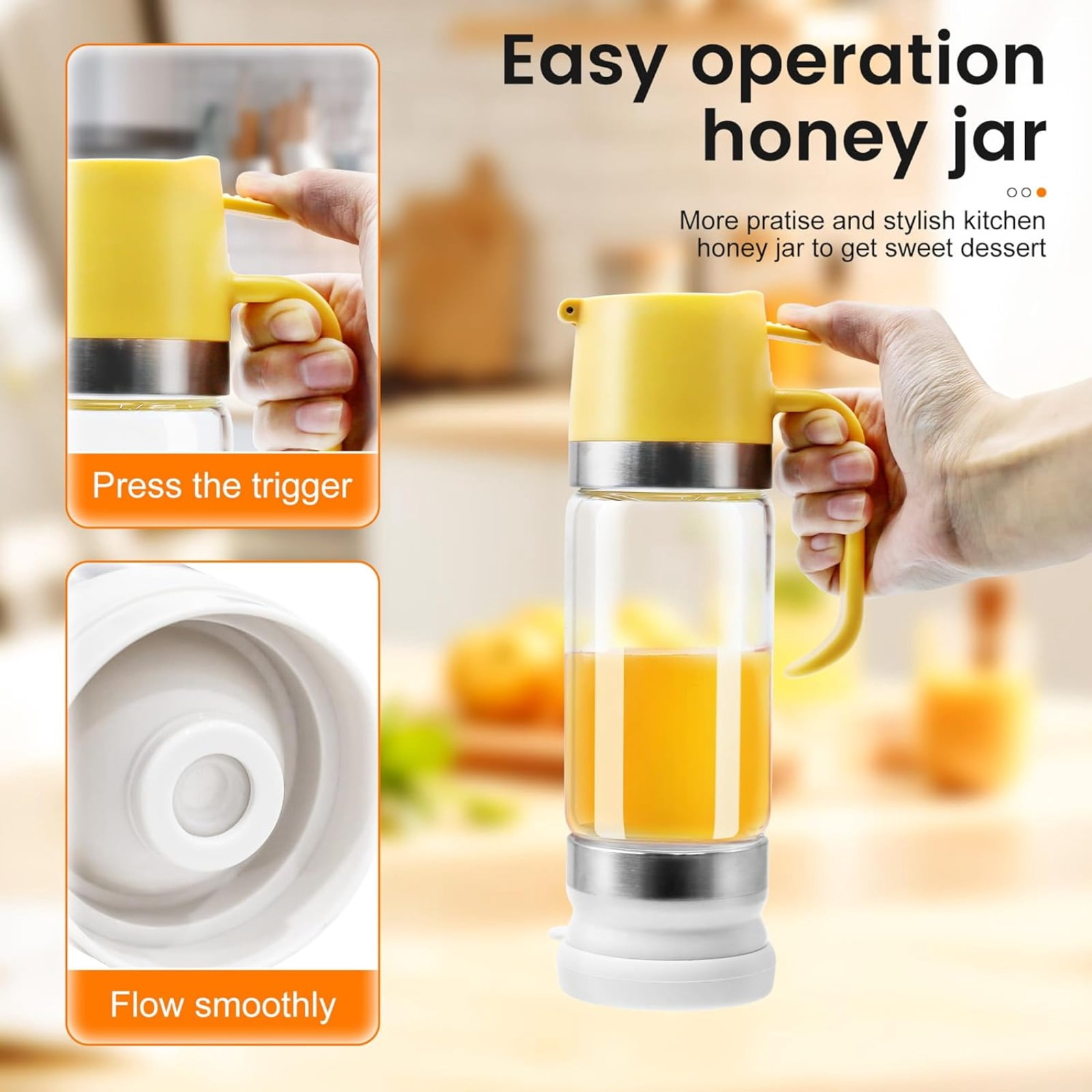 No-Drip Glass Honey Dispenser 10 OZ - Honey Jar with Handle Base, Syrup Dispenser for Maple Syrup Coffee Tea, Mess-Free Container for Pancakes