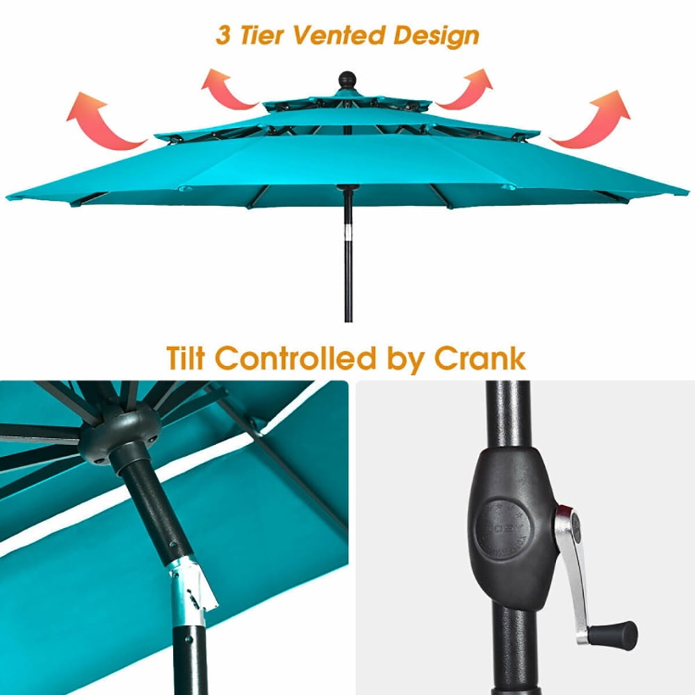 Aimee Lii 10' 3 Tier Patio Umbrella Aluminum Sunshade Shelter Double Vented without Base, Table Umbrella Outdoor Patio, Turquoise