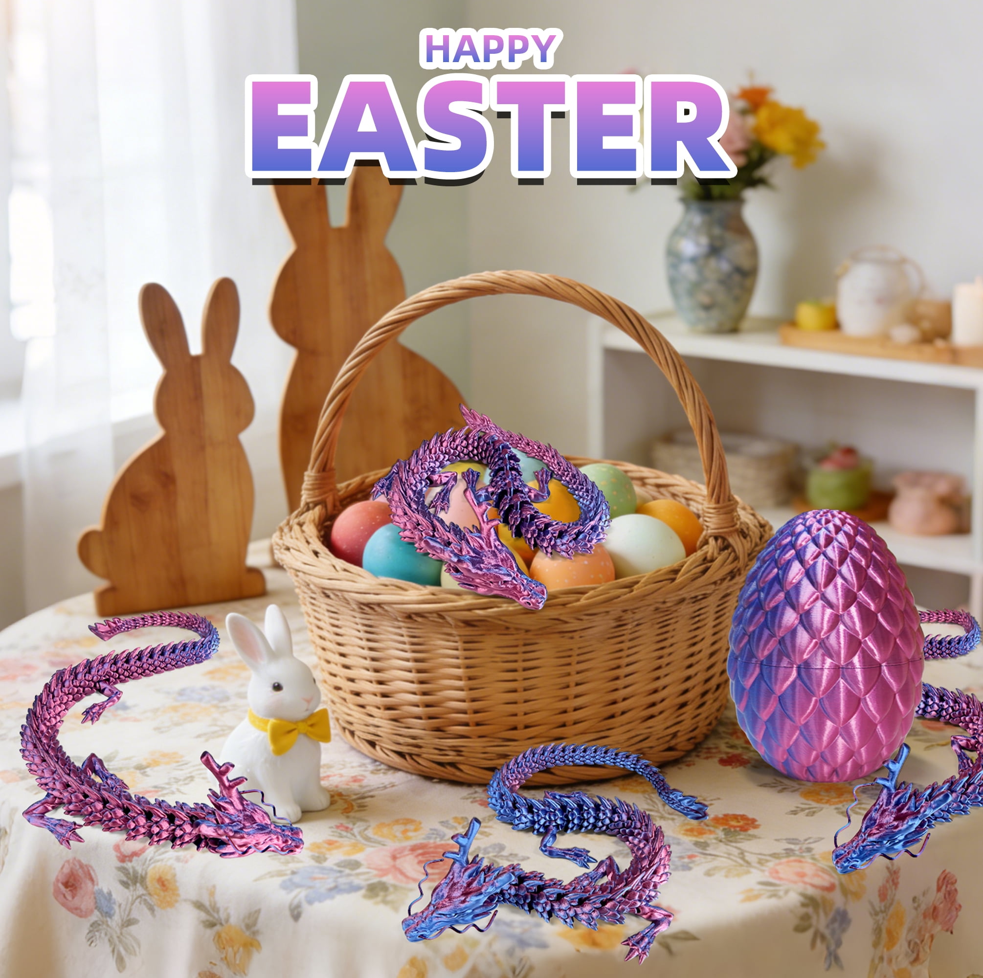 3D Printed Dragon Egg, Colorful 3D Printer Articulated Dragon Toy for Kids, 23.5 inch 3D Printed Easter Dragon ADHD Fidget Toys , Office Desk Figurine Decor