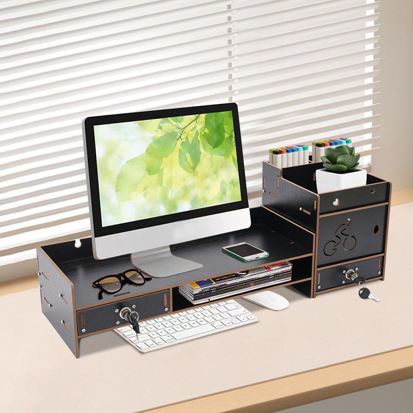 Tabletop Computer Monitor Riser Desktop Monitor Stand Monitor Stand Organizer with Drawer Black