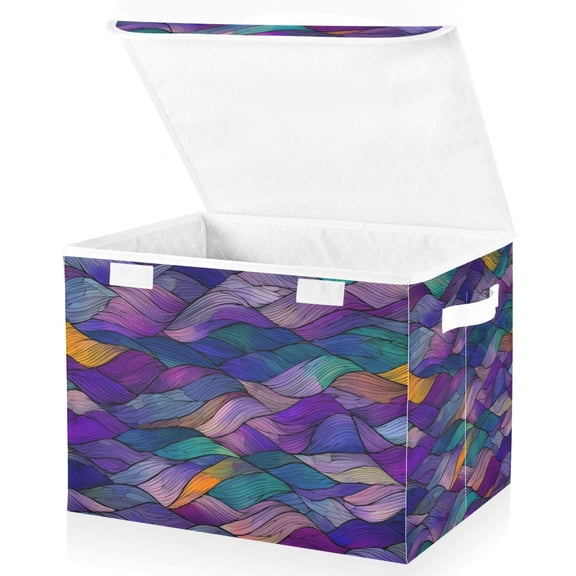 Yayeee Collapsible Cube Storage Bin with Lid Fabric Closet Decorative Basket with Handles, Purple Waves Pattern
