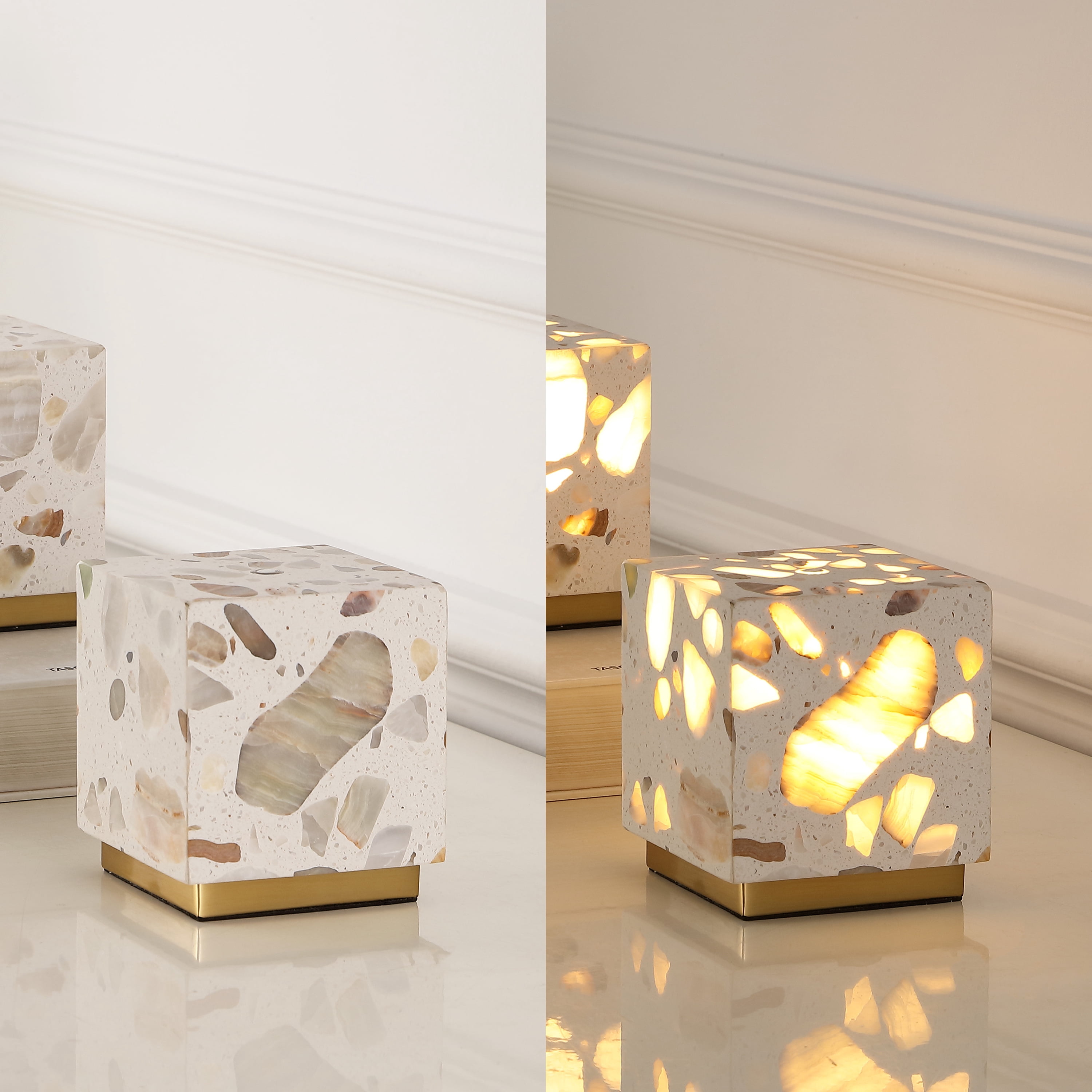 JONATHAN Y Lara 4.63" Modern Glam Terrazzo Rechargeable/Cordless Dimmable Integrated LED Mini Table Lamp with Touch Sensor, Ivory/Brass Gold (Set of 2), JYL1200A-SET2