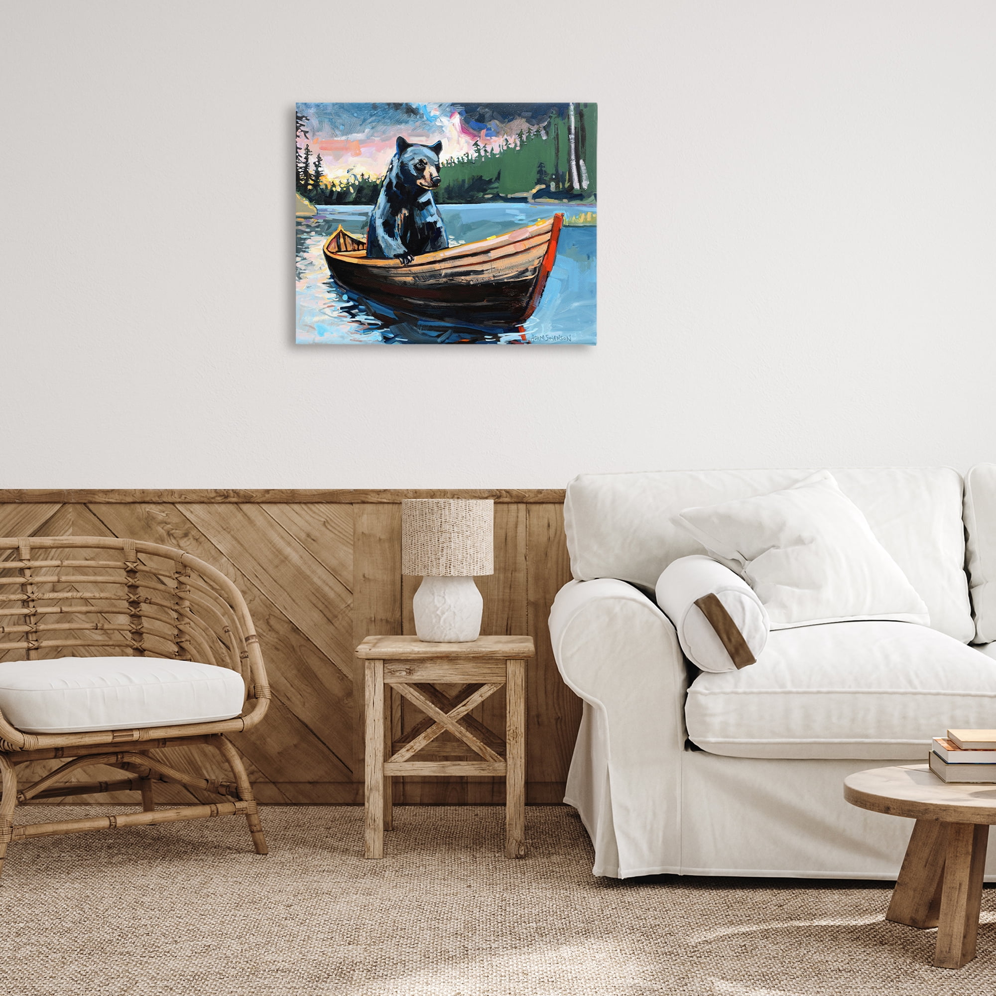 Stupell Industries Boating Black Bear Animals Painting Wrapped Canvas Art Print Wall Art, 30 x 24