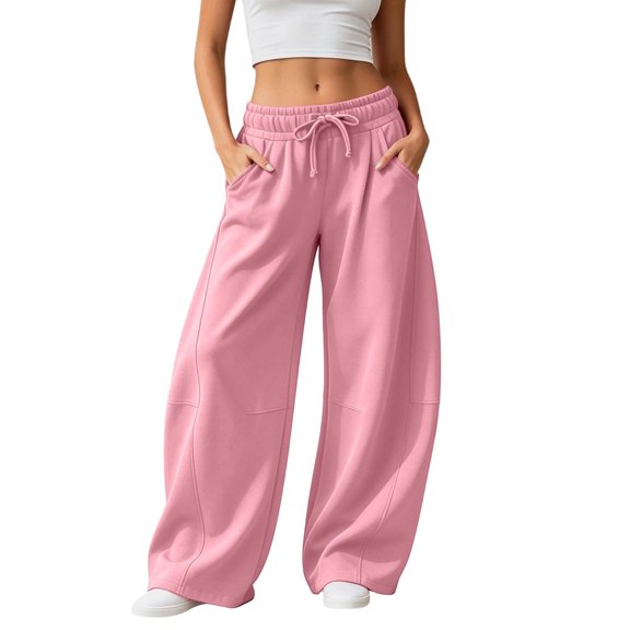 Hsovts Women Wide Leg Barrel Sweatpants, High Waist Adjustable Drawstring Elastic Waist, Baggy Oversized Sweatpant, Casual Pants With Pockets Pink XL