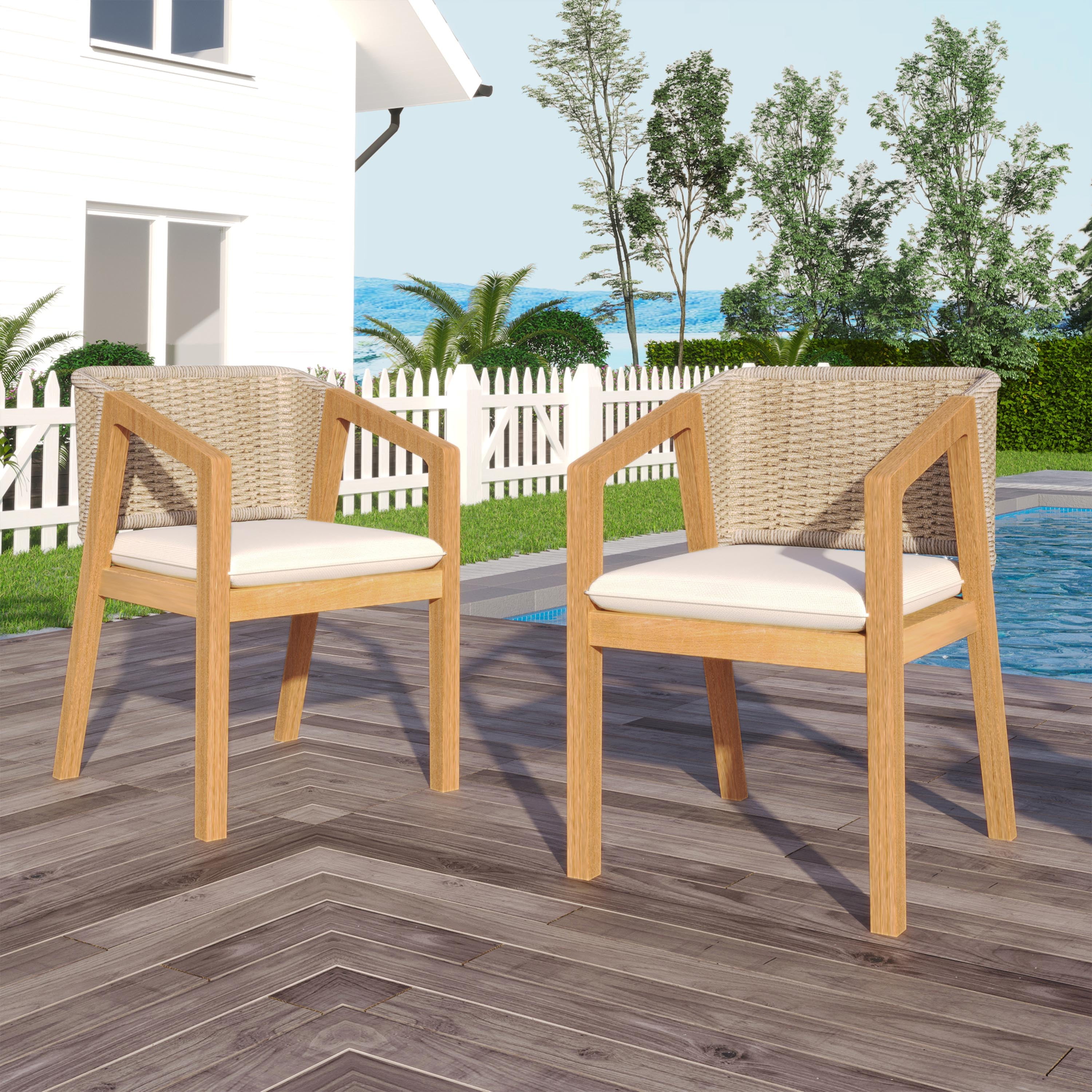 Dining Chair Set of 2, Acacia Wood Patio Armchair with Rope Design Back and Water Repellent Cushion, Light Teak