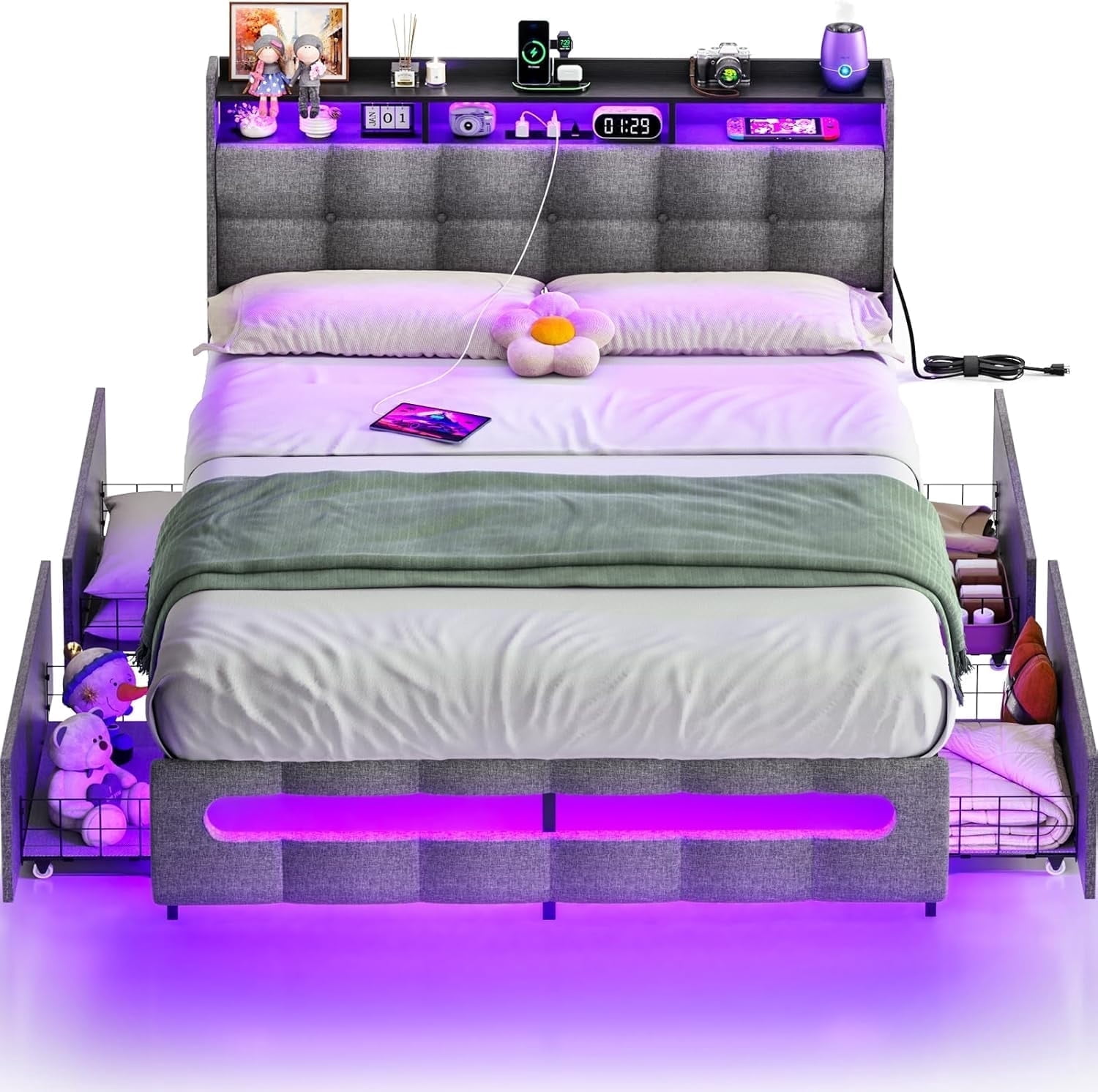 Aheaplus Full Size Bed Frame with Drawers Charging Station LED Light, Upholstered Full Bed Frame with Storage Headboard, Heavy Duty Wood Slats, No Box Spring Needed, Noise Free, Gray
