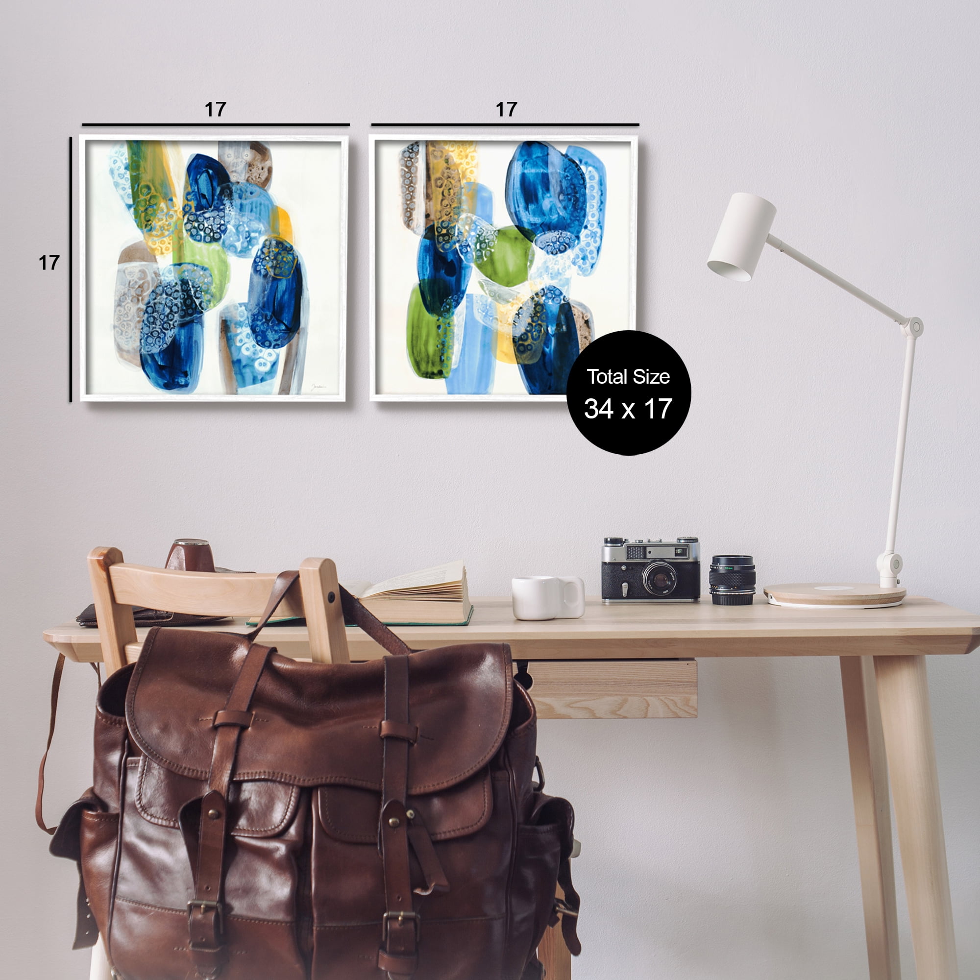 Stupell Industries Abstract Blue Pebbles Abstract Painting White Framed Art Print Wall Art, 17 x 17, Set of 2
