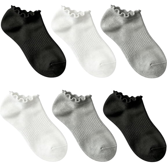 Veting Kids Ruffle Trim No Show Ankle Socks, Soft Breathable Cotton Blend Frilly Low Cut Socks for 5-9 Year Old Children Daily School Casual Wear White,Black
