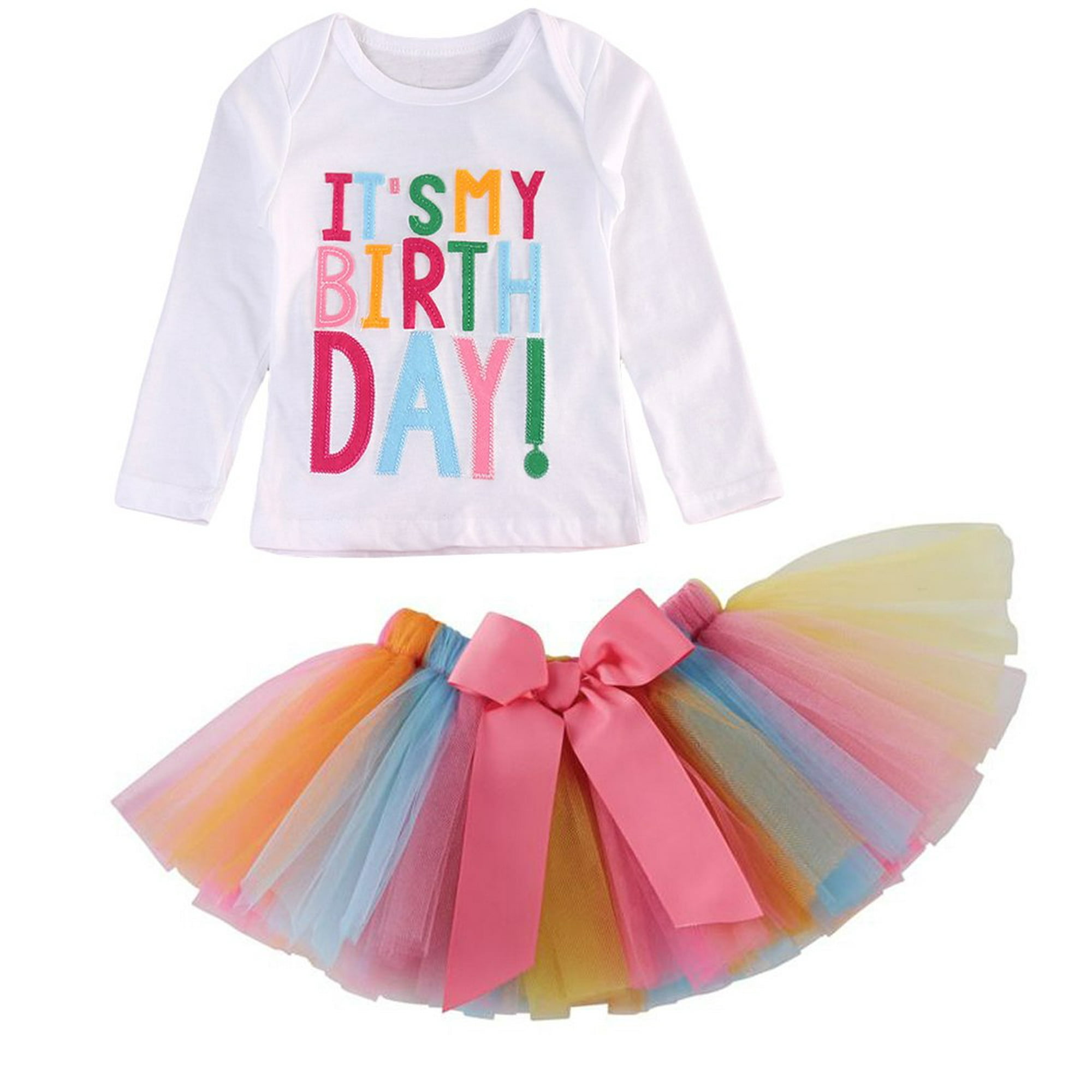 Girls It s My Birthday Print Shirt Tutu Skirt Dress Outfit Set White Long Sleeve 5 6 Years Walmart