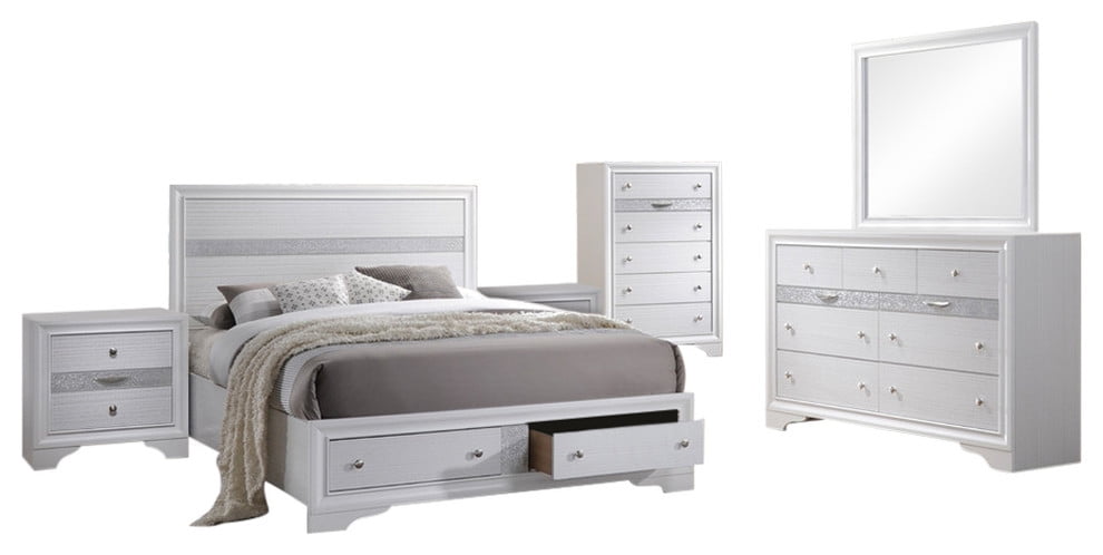 Tokyo 6 Piece Bedroom Set King White Wood Contemporary Storage