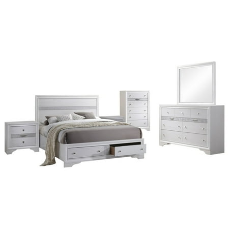 Tokyo 6 Piece Bedroom Set, King, White Wood, Contemporary (Storage Panel Bed, Dresser, Mirror, Chest, 2