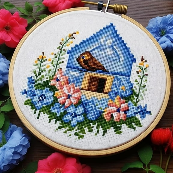 Bird House and Flowers DIY Stamped Cross Stitch Kits for Beginners Easy with Hoop 11CT Needlepoint Embroidery Counted Cross Stitch Kits Art Craft Wall Decoration 35x35cm(4)