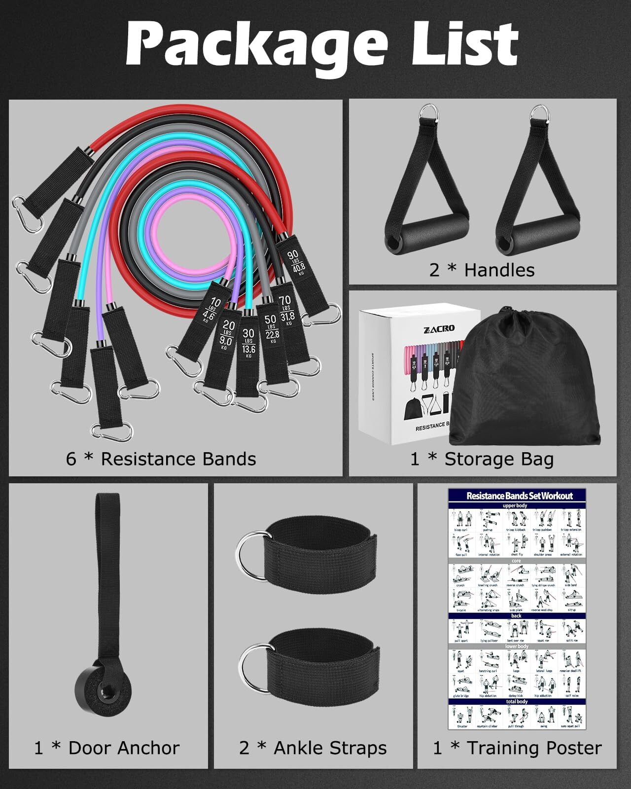 Zacro Resistance Bands Set, 270 lbs Heavy Exercise Resistance Bands with Handles Door Anchor for Muscle Training Stretching Workout Bands for Home Gym