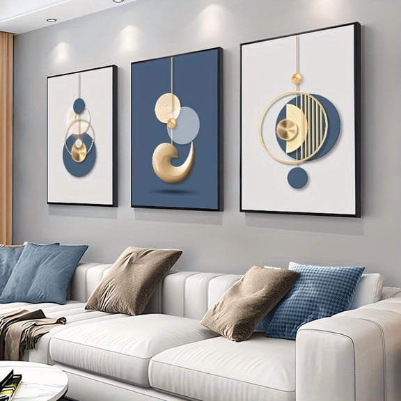 3pcs Set Modern Wall Art Painting Golden Blue Abstract Graphic Poster Luxury Style Creative HD Picture Large Canvas Print Minimalist Home Decoration,Living Room Decor,Office Room Decor,Frameless,19.