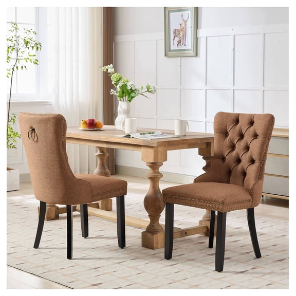 Collection Modern, High-end Tufted Solid Wood Contemporary Flax Upholstered Linen Dining Chair with Wood Legs Nailhead Trim 2-Pcs Set,Coffee color, SW6801CF Coffee   Dining Room