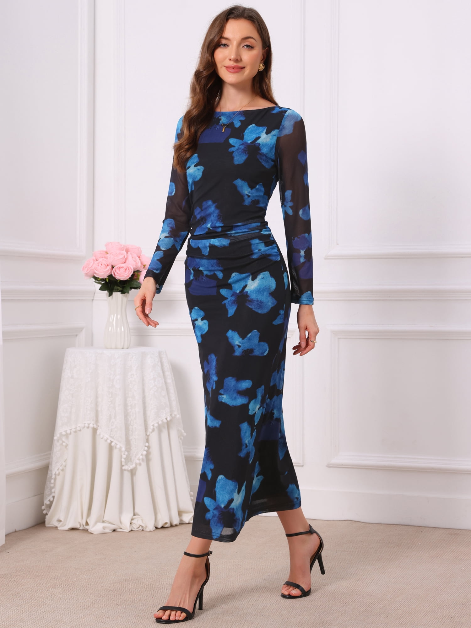DARING DIVA Women's Floral Bodycon Long Sleeve Boat Neck Mesh Dress S Black