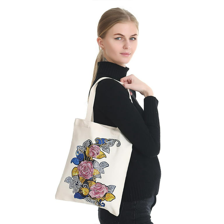 Woxinda Cotton Canvas Tote Bag with Diamonds 5D DIY Diamond Painting Reusable Grocery Bags for Women Durable Fashionable Bags Camera Shoulder Bag