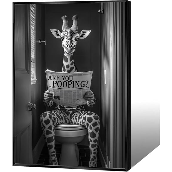 Black And White Canvas Wall Art Posters Funny Giraffe Sitting On Toilet Reading Newspaper Cute Humor Farmhouse Animal Prints Painting For Restroom Bathroom Washroom 8x12in Unframed