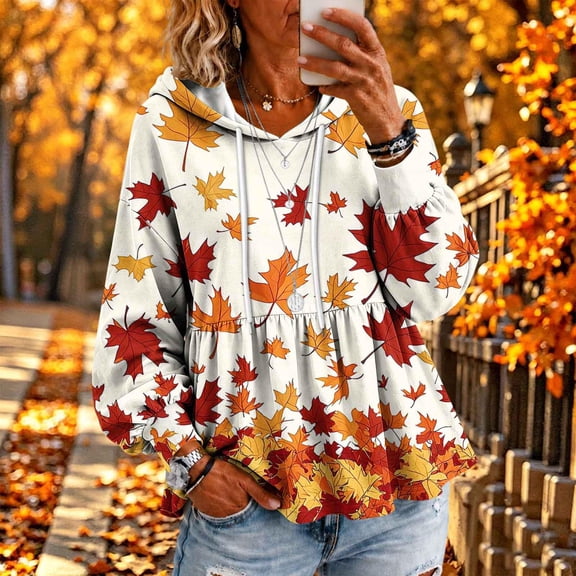 Xdegoge Womens Fall Pumpkin Print Hooded Sweatshirts Long Sleeve Babydoll Peplum Pullover Ruffle Hem Graphic Tops Casual Thanksgiving Clothes