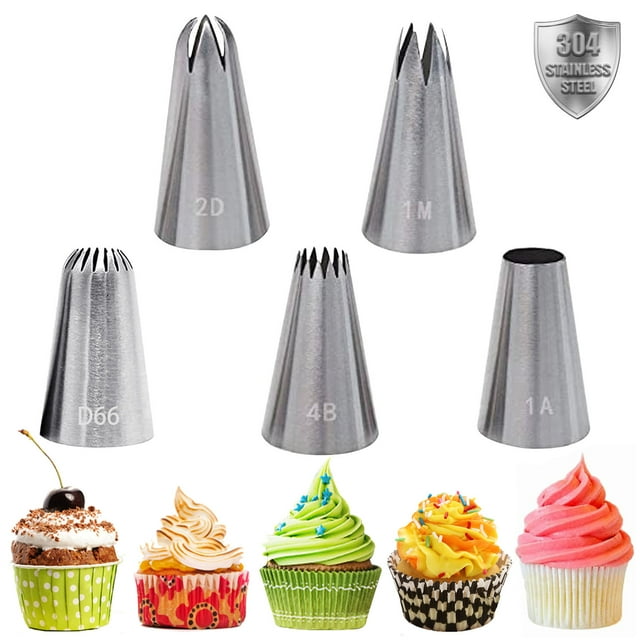 Boquillas 1M/4B/2D/1A/D66, ideales para hornear, cupcakes, pasteles y galletas, juego de puntas de manga pastelera grandes de acero inoxidable, 5 piezas, para decorar pasteles