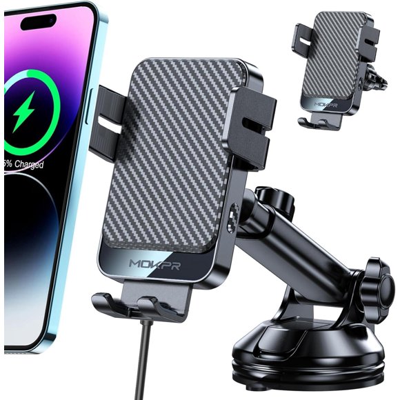 AIR-Wireless Car Charger, 15W Fast Charging Auto-Clamping Car Phone Holder Wireless Charger Air Vent Car Phone Mount fit for iPhone 16/15/14/13/13 Pro/12 pro/12/11/X/8, Samsung S23/S22/S21/S20 Grey