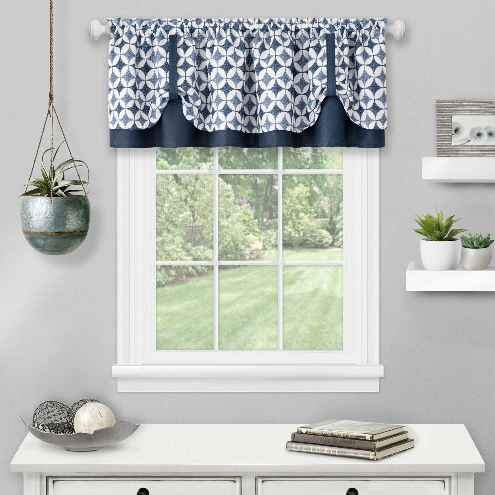 Kate Aurora Modern Geometric Button Tuck Window Valance Navy