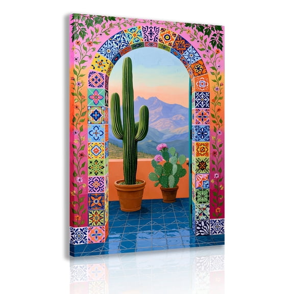 Mexican tile arched cactus canvas print, desert sunset bohemian wall decoration, southwest style and colorful home decor poster frame.
