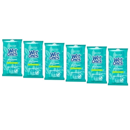 Wet Ones Antibacterial Plant Based Fiber Hypoallergenic Hand Wipes, 20 Count - Pack of 6