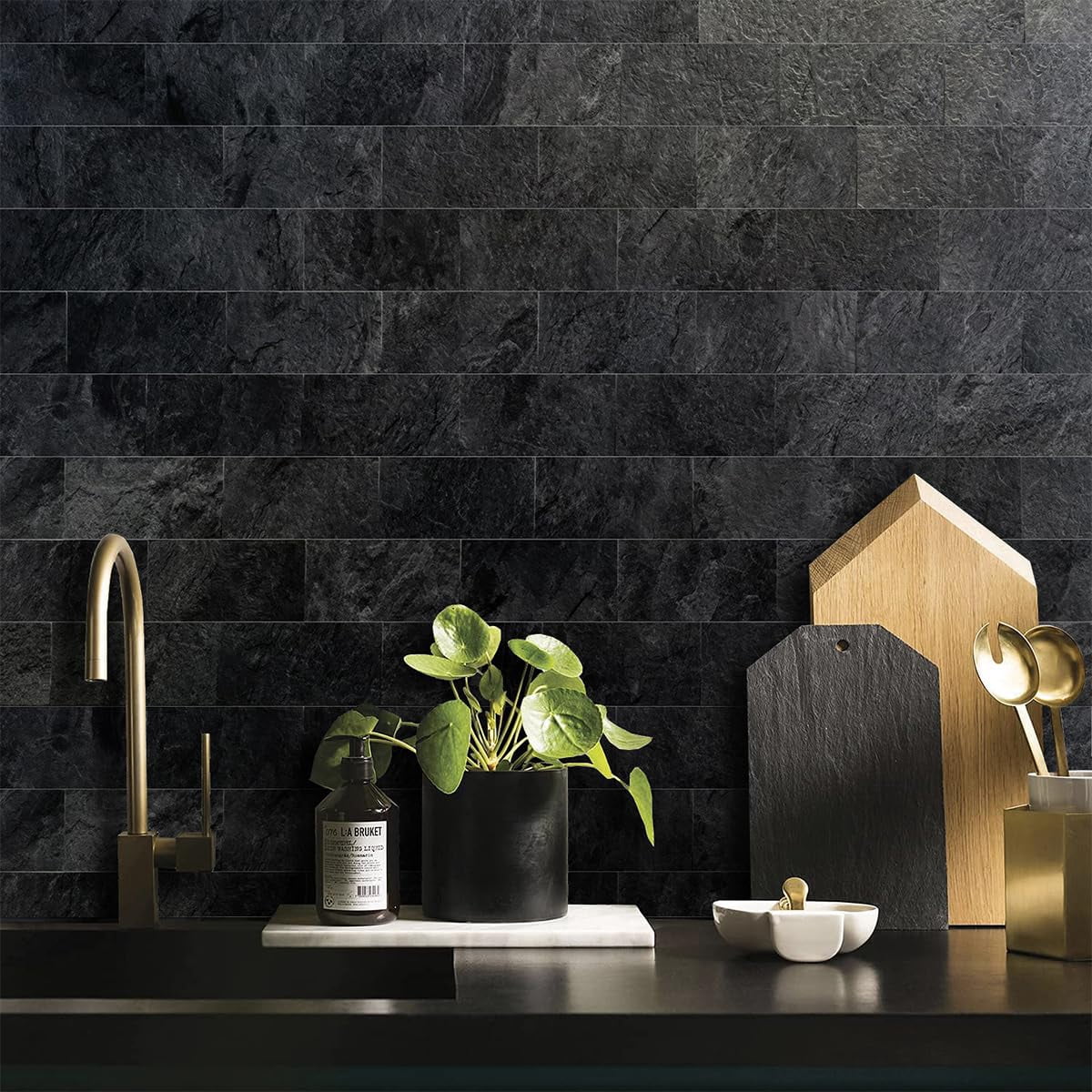 100 Piece Black Slate Peel And Stick Backsplash Wall Tiles  3" X 6" Pvc Faux Stone On For Kitchen Bathroom Laundry Room Camper Fireplace
