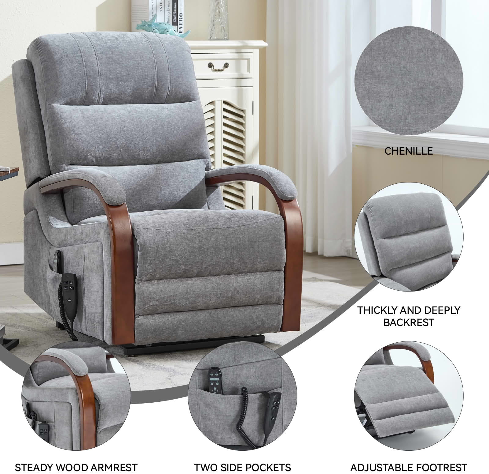 MAYEERTY Gray Chenille Dual Motor Power Lift Recliner, 350lbs Solid Wood Armrest Massage Heat 30"x36"x43" for Elderly