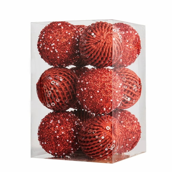 THE BRIVE Christmas Ball Ornaments 12pcs, 3.15" Shatterproof Plastic Xmas Tree Decorations with Sequin & Glitter, Hanging Pearl Balls for Holiday Party (Red)