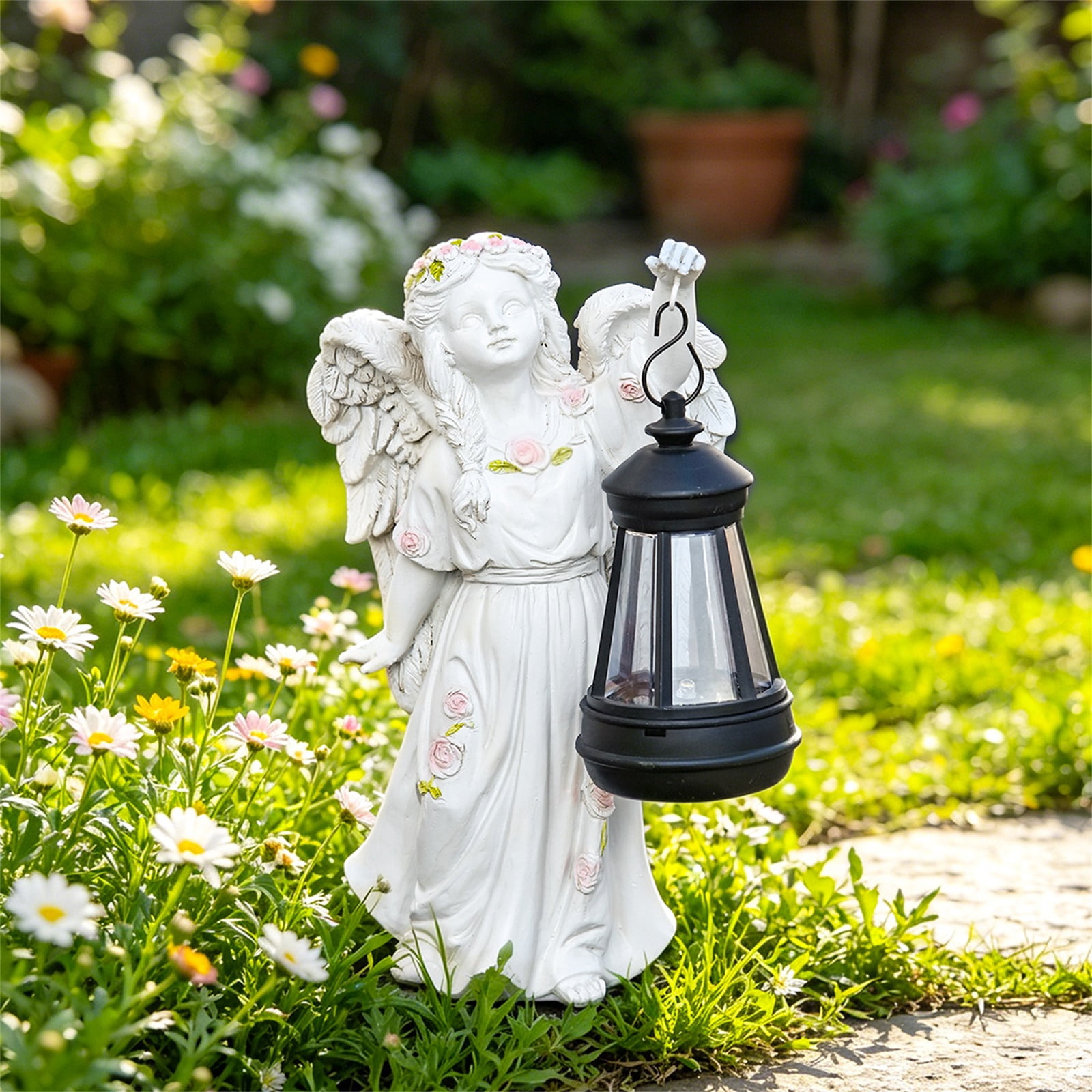 9" Angel Garden Statue with Solar Powered Lantern, Resin Outdoor Sculpture for Yard Art, Garden Decorations Memorial Gift Decor for Patio Porch Walkway, A