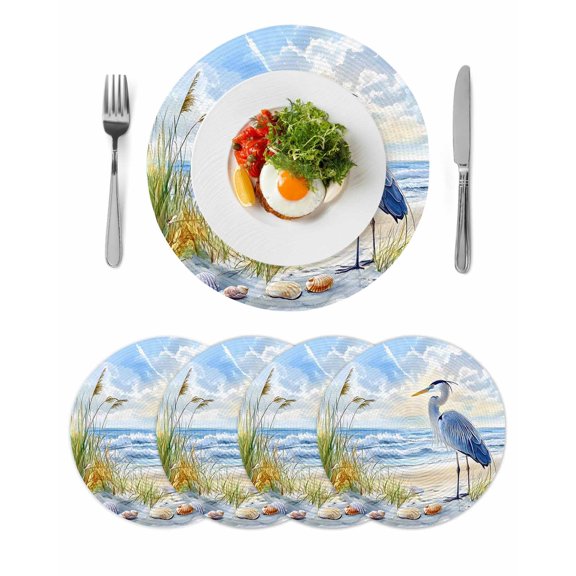 Coastal Birds Round 15 Inch Placemats Set of 4, Blue Sky Heron Seabird Tropical Beach HeatResistant Non Slip Place Mats for Dining Table, Wipeable Braided Kitchen Table Mats for Housewarming