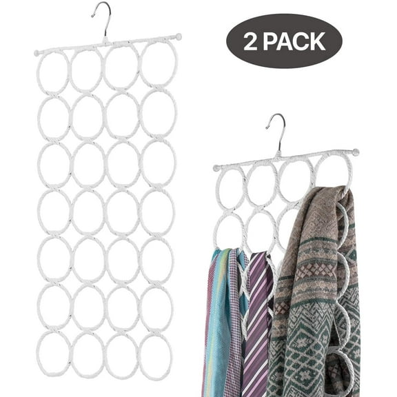 Scarf Hanger Holder - (2 Pack, White) 28 Count Circles/Ring Slots Multifunctional Hanging Rack, Home Organizer, for Socks Scarf Ties Belt Mufflers Shawl/Door Closet Organization
