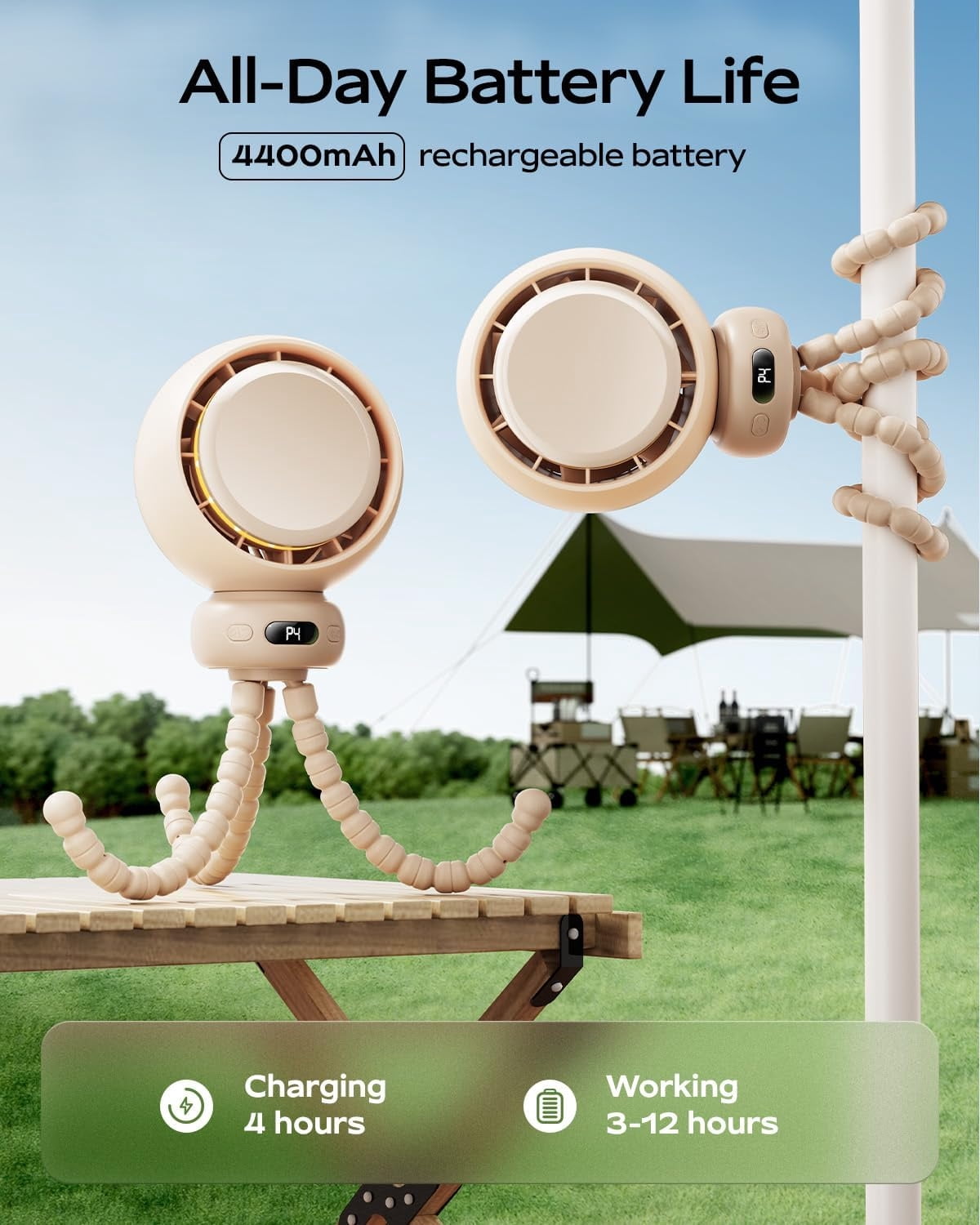 Mini Portable Stroller Fan – 60 °   Auto Oscillation, Quiet USB-C Rechargeable Baby Fan, 4 Speeds, Night Light & Warning Light, Flexible Tripod for Stroller, Car Seat, Crib, Camping (Beige)