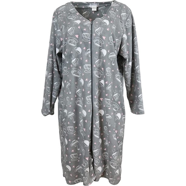 Elegant Emily Women's Fleece Zipper Front Duster Robe Grey Coffee