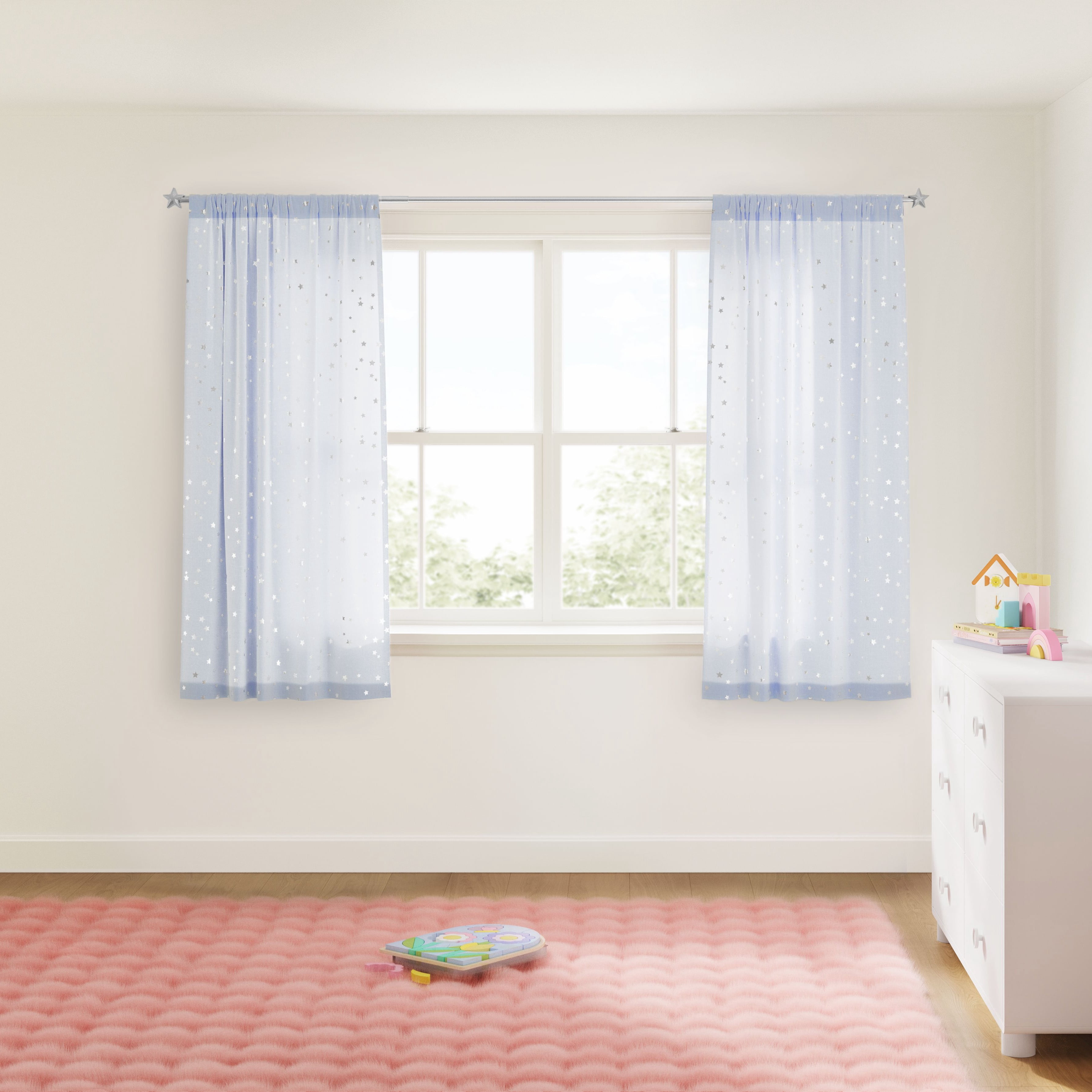 Mainstays Kids Metallic Star Printed Light Filtering Sheer Curtain Panel, Periwinkle, 38 x 63 in
