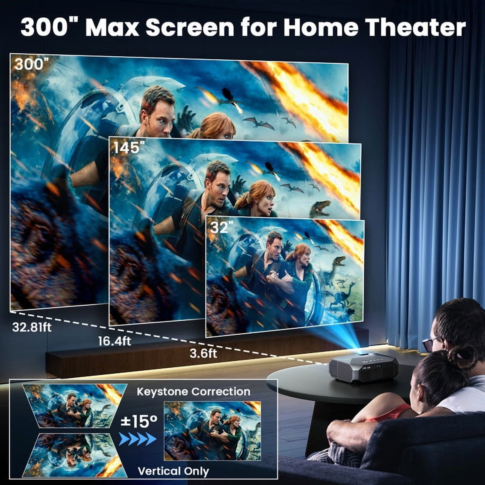 FUDONI Home Theater Projector - WiFi & Bluetooth, Native 1080P with 4K Support, 15000L Brightness. Portable for Indoor & Outdoor, Max 300" Display for Movies