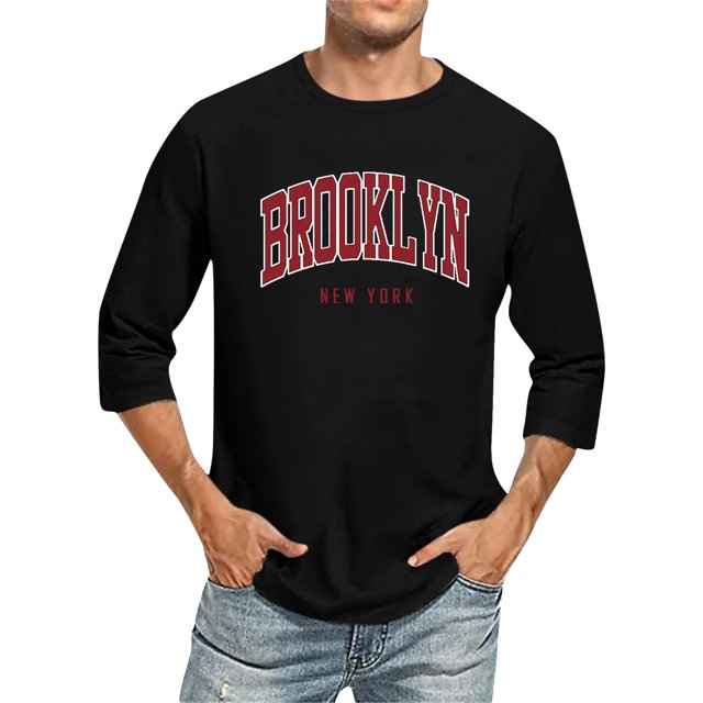 Men T Shirts 3/4 Sleeve Comfortable Crewneck Graduated Color Fit Black Fall Tops size L