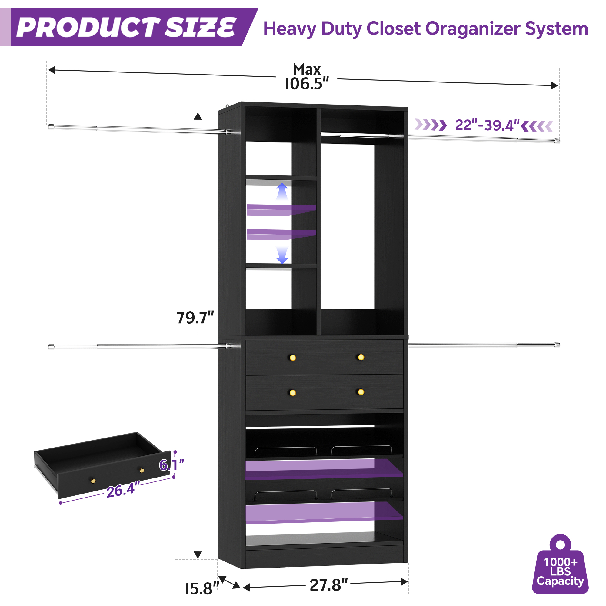 Homieasy Closet System, 2.4–8.8 FT Closet Organizer System with 2 Drawers, 5 Hanging Rods and Shoe Racks for Walk-in Closet, Bedroom, Black