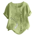 thumbnail image 1 of Birdeem Womens Short Sleeved Casual Plus Size Round Neck Feather Printed Loose Button Cotton Linen Top, 1 of 1