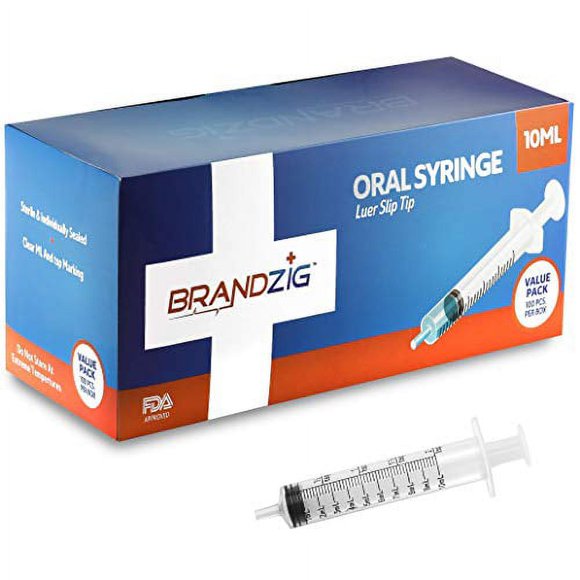 Seringues Buccales de 10 ml - Lot de 100 - Embout Antidérapant Luer, Sans Aiguille, Emballées Individuellement sous Blister - Administration de Médicaments pour Nourrissons, Tout-Petits et Petits Animaux (Sans Couvercle)