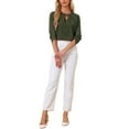 thumbnail image 3 of CURVOSPORT Women's Dressy Shirt Work Office Top Keyhole Pleated Front Ruched 3/4 Sleeve Chiffon Blouse L Army Green, 3 of 7