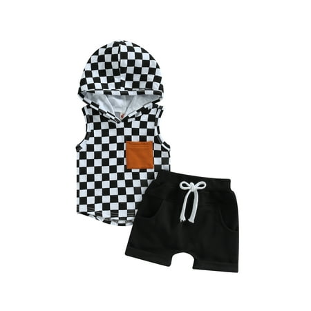

Toddler Baby Boy Summer Clothes Sleeveless Checkerboard Plaid Hoodie Tank Tops+Casual Shorts Set Cute Outfits