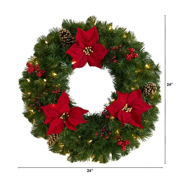 Nearly Natural 24in. Poinsettia, Berry and Pinecone Artificial Wreath with 50 Warm White LED Lights