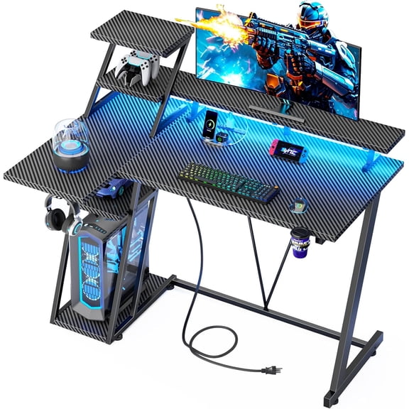 40 Inch Gaming Desk with LED Lights & Power Outlet, L Shaped Computer Gaming Table with Storage Shelves, Reversible Corner Desk with Monitor Stand for Home Office, Carbon Fiber Black