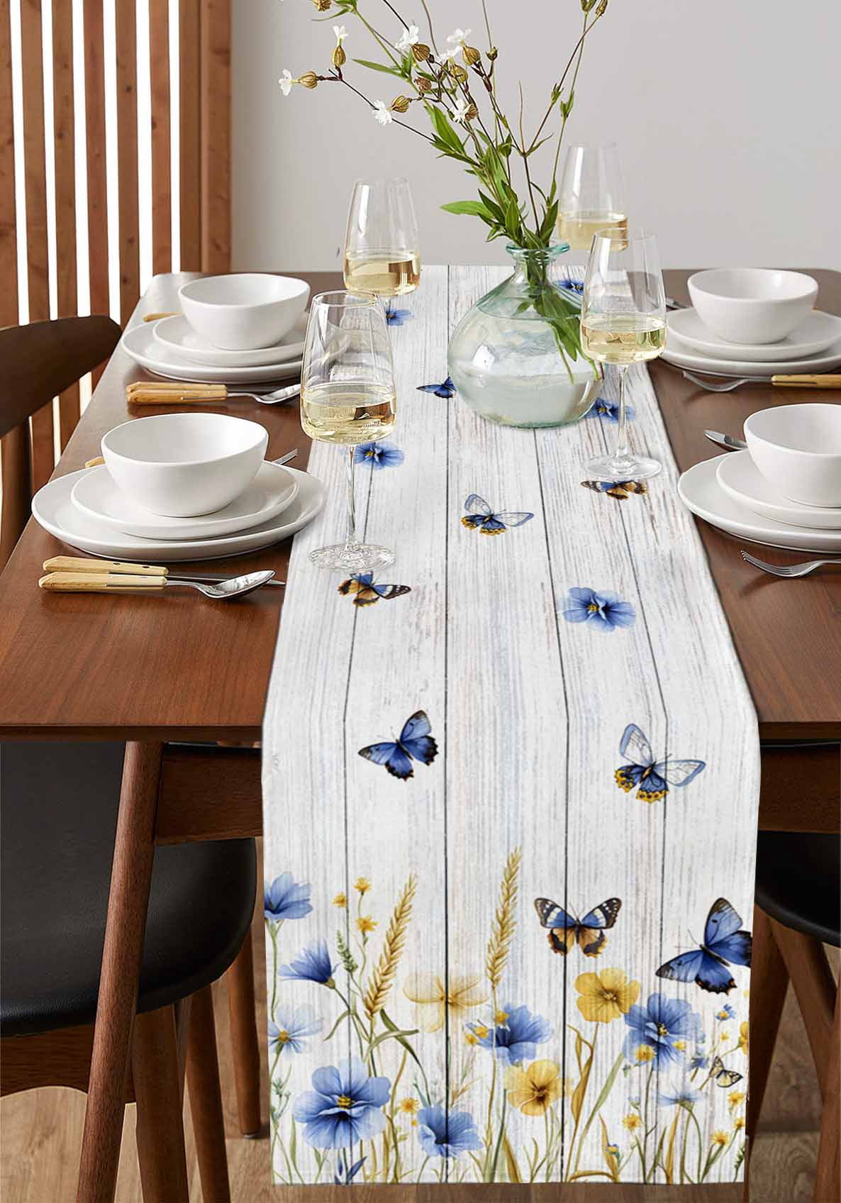nqOlkjepod Butterflies Flower Table Runner 108 Inches Long Farmhouse Dress Scarves, Country Wood Grain Leaves Farmhouse Dining Tablerunner for Coffee Table/Kitchen Island/Party Décor, 13" x 108"