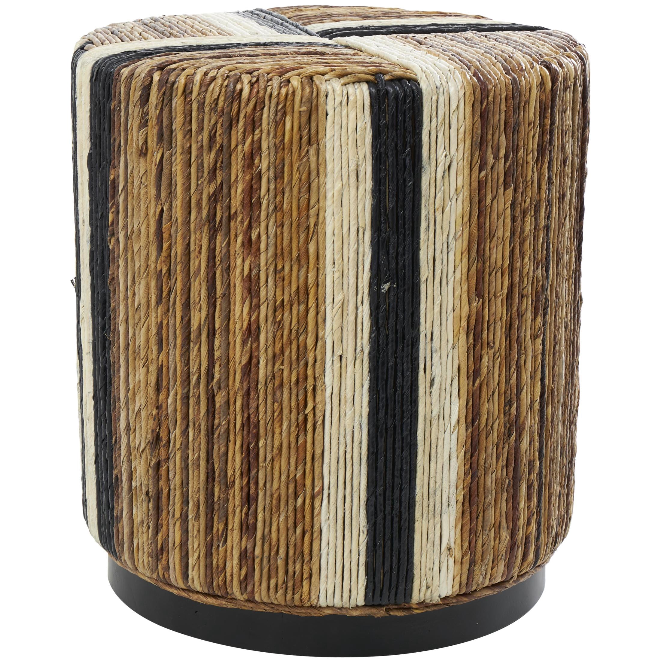DecMode 16" x 18" Brown Banana Leaf Handmade Linear Wrapped Drum Accent Table with Cream and Black Stripes, 1-Piece