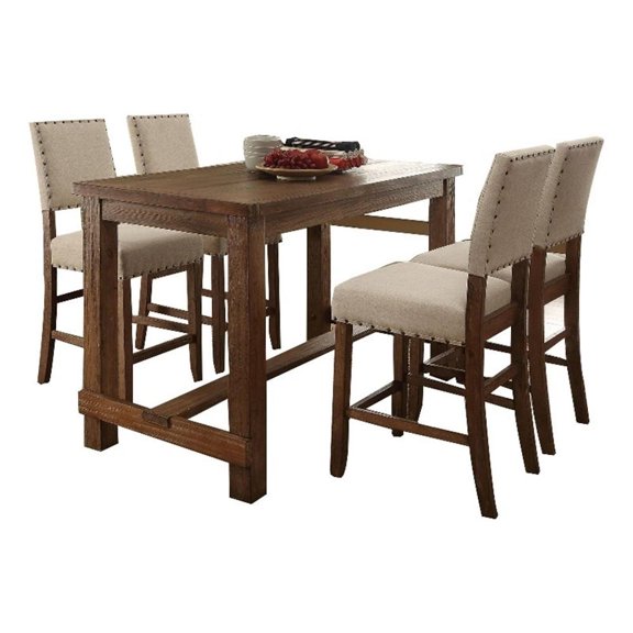 Benjara Counter Dining Table Set With Center Beam- Brown and Beige