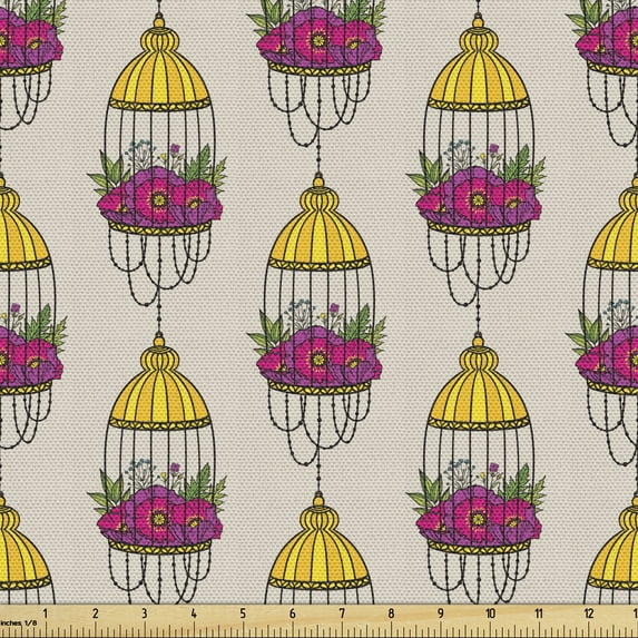 Romantic Fabric by the Yard Upholstery, Bird Cages and Poppy Blossoms Pastel Feminine Love Symbol Valentines, Decorative Fabric for DIY and Home Accents, Beige Mustard Magenta by Ambesonne